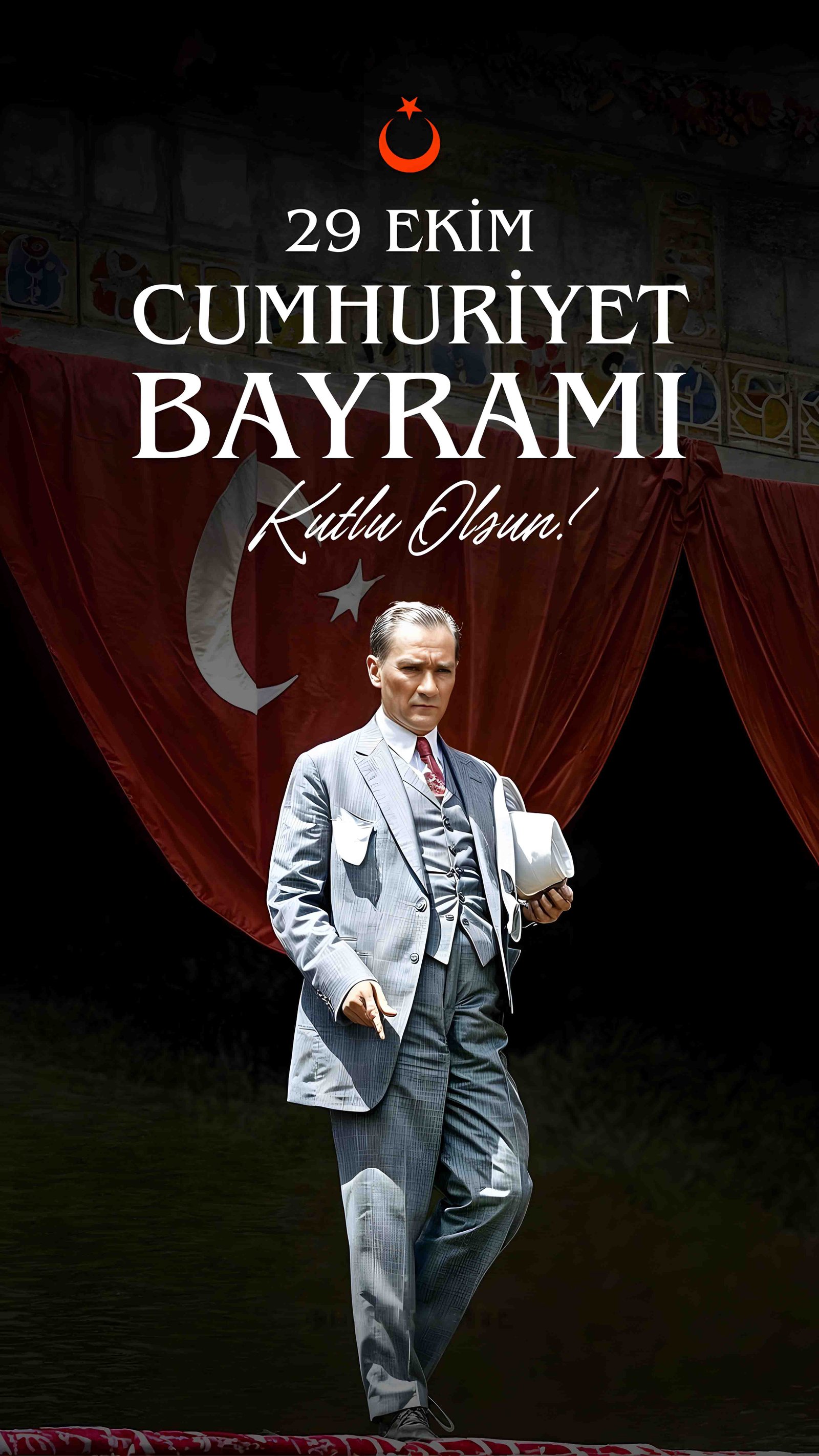 29 Ekim Cumhuriyet Bayramı Yüksek Çözünürlüklü Dikey Görsel Tasarımı – Türk Bayraklı ve Atatürk Temalı