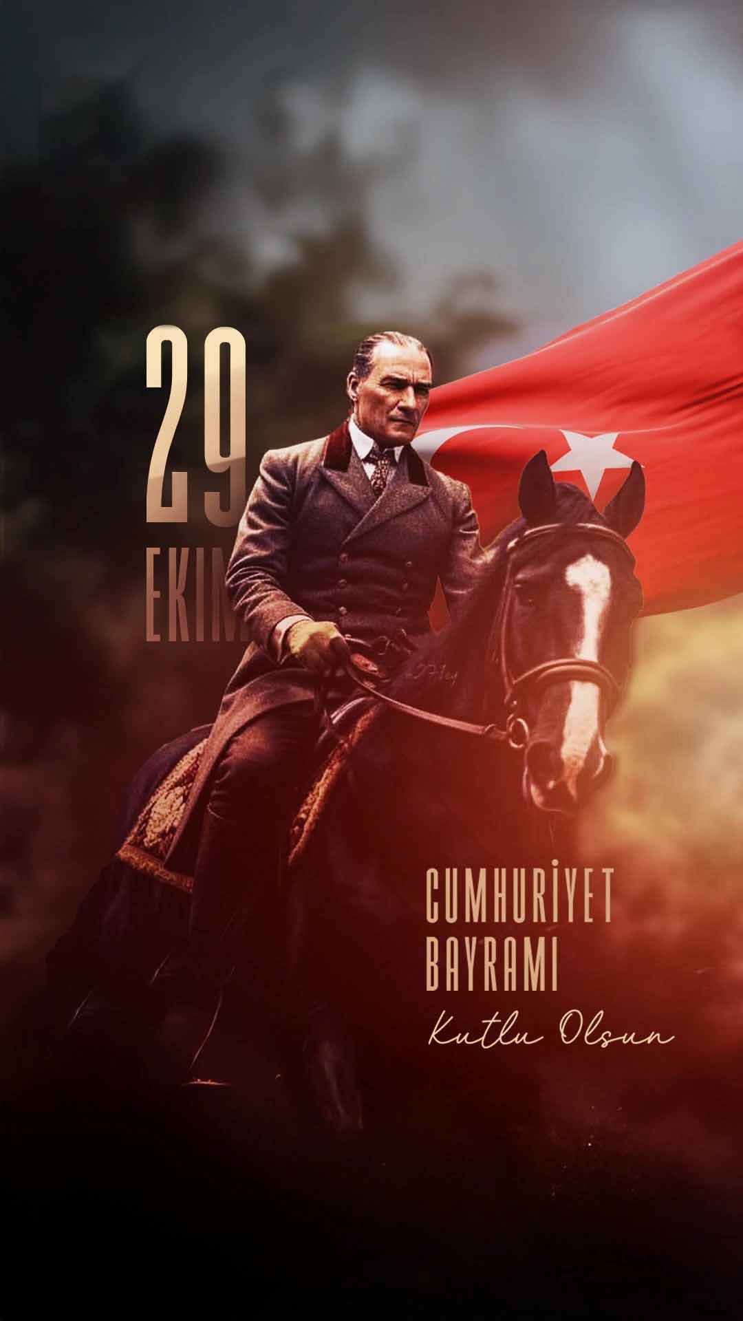 29 Ekim Cumhuriyet Bayramı Yüksek Çözünürlüklü Dikey Görsel Tasarımı – Atatürk'ün At Üstündeki İkonik Fotoğrafı Temalı